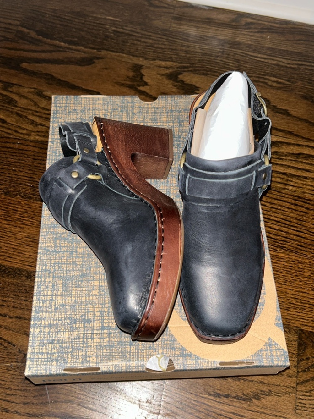 Born Black Leather Clog Mules with Brown Wood-Look Soles